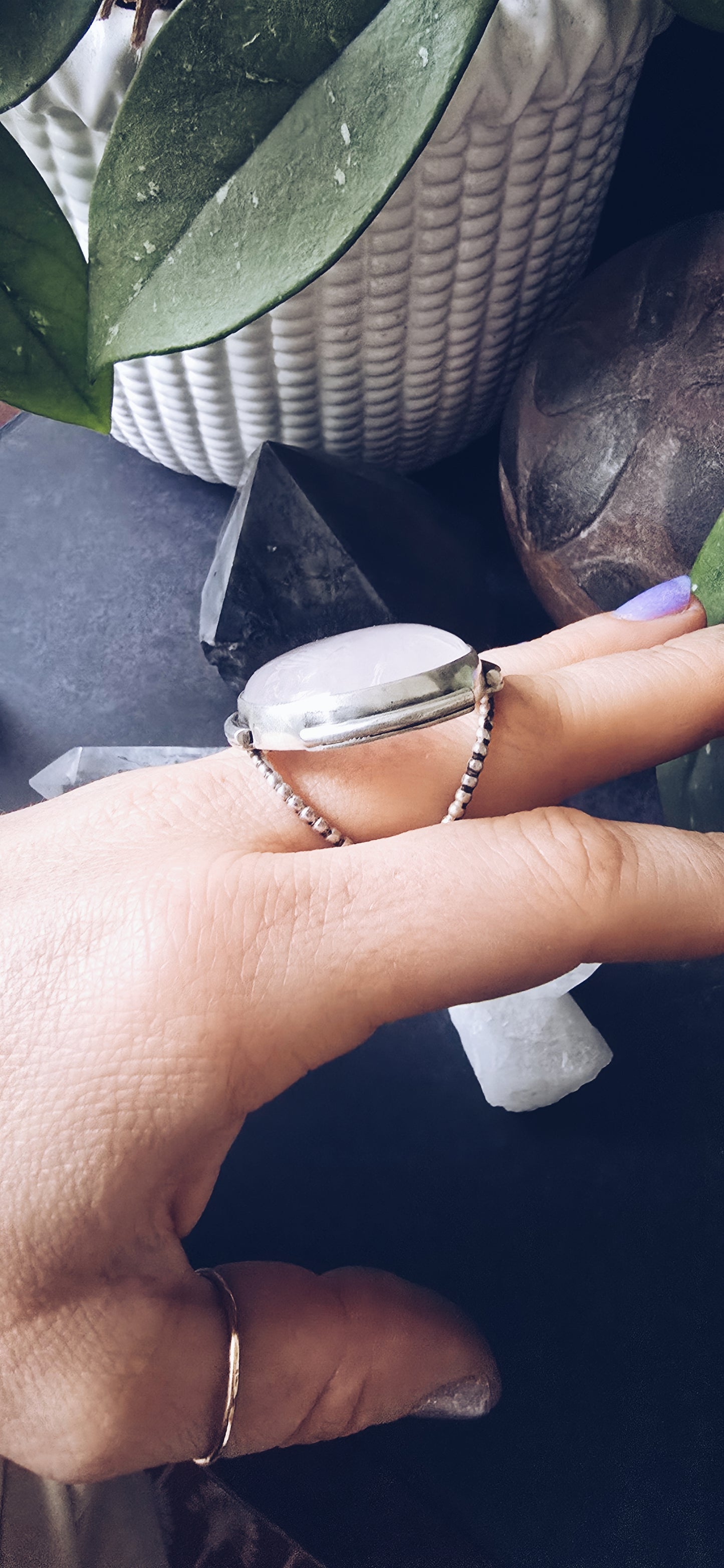 Chunky Rose Quartz Sterling Silver Ornate Ring - Size 7.75