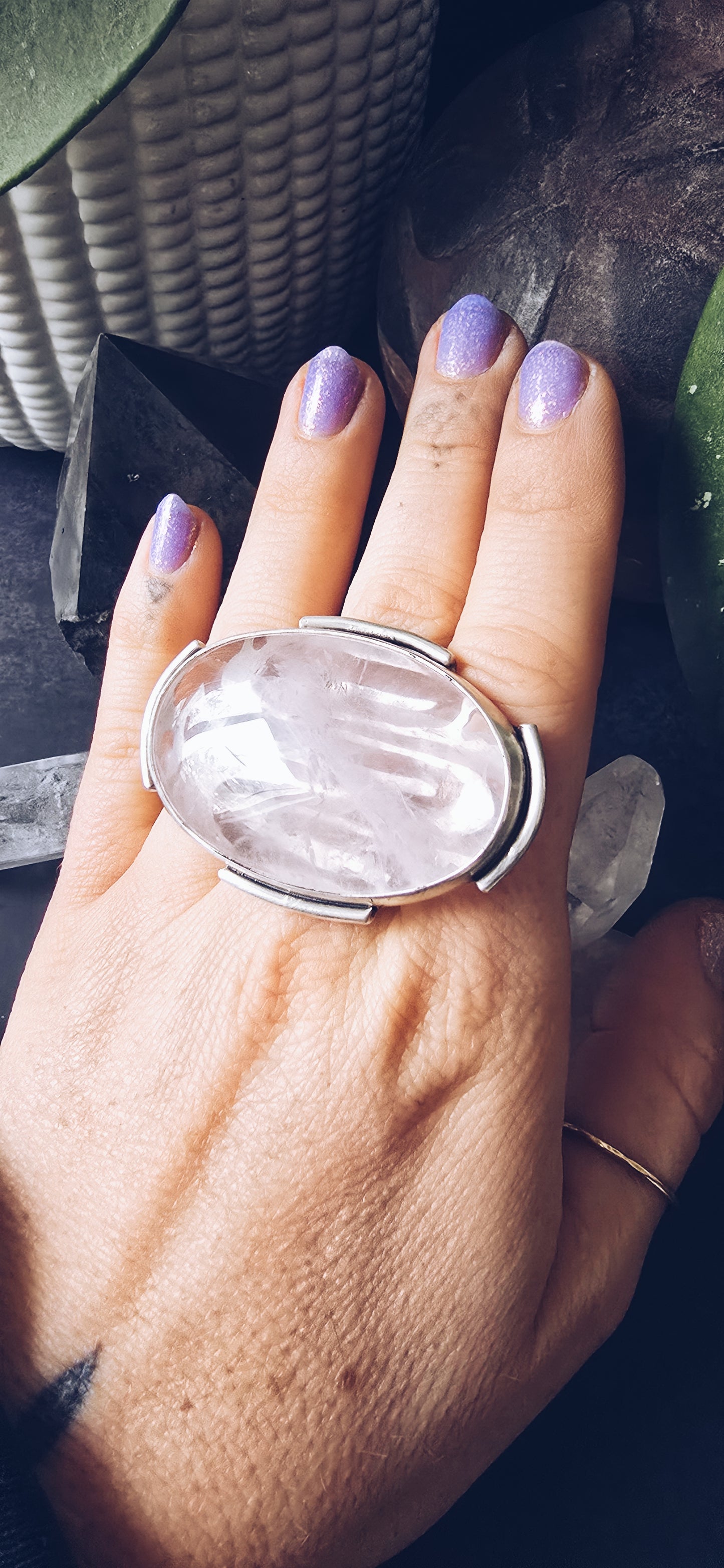 Chunky Rose Quartz Sterling Silver Ornate Ring - Size 7.75
