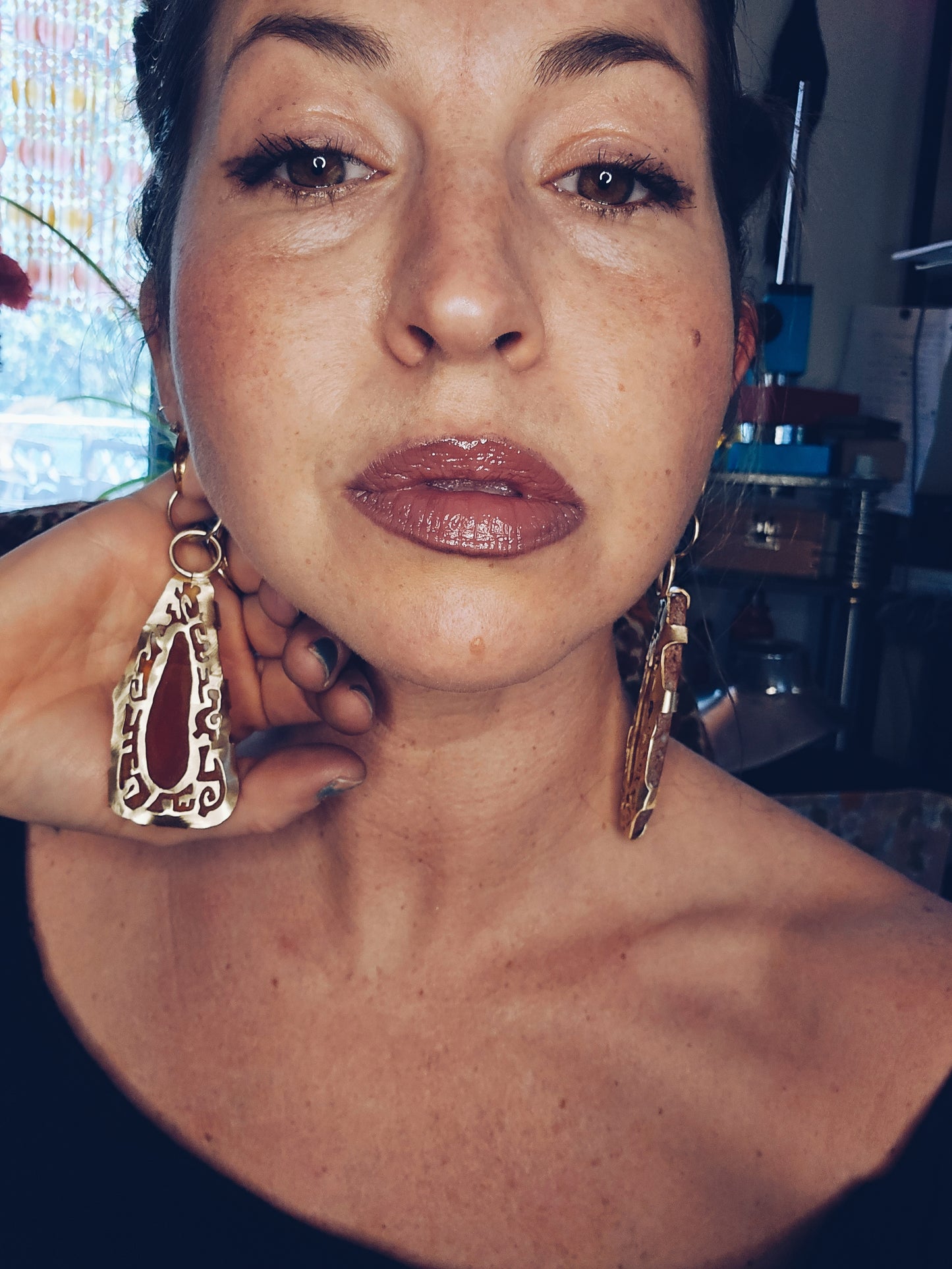 Ornate Red Agate Brass Hanger Earrings for Gauged Ears