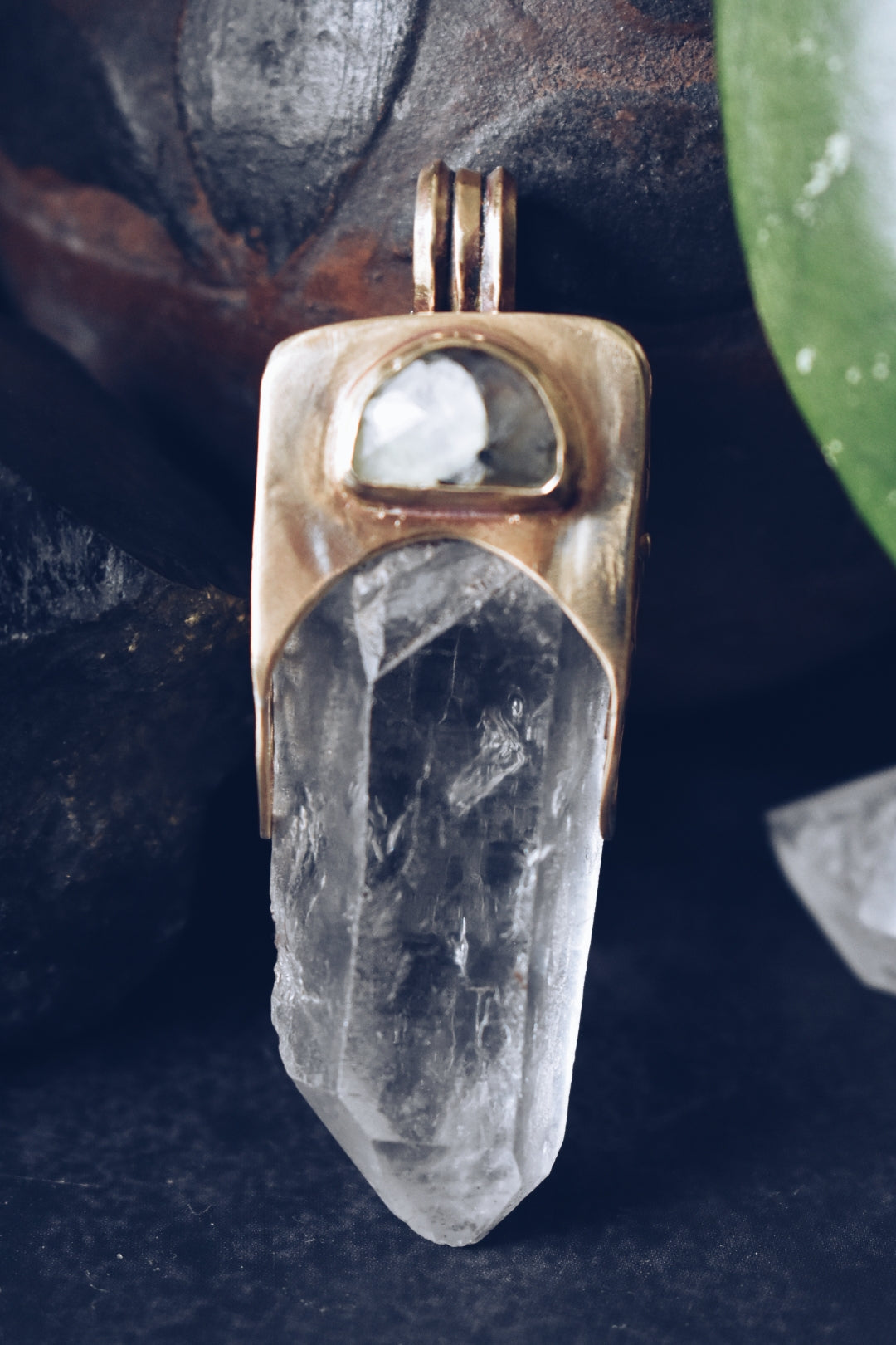 Quartz & Prehnite Large Brass Ornate Pendant