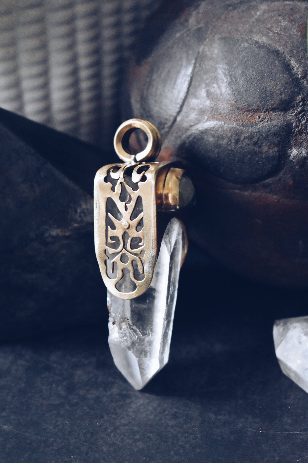 Quartz & Prehnite Large Brass Ornate Pendant