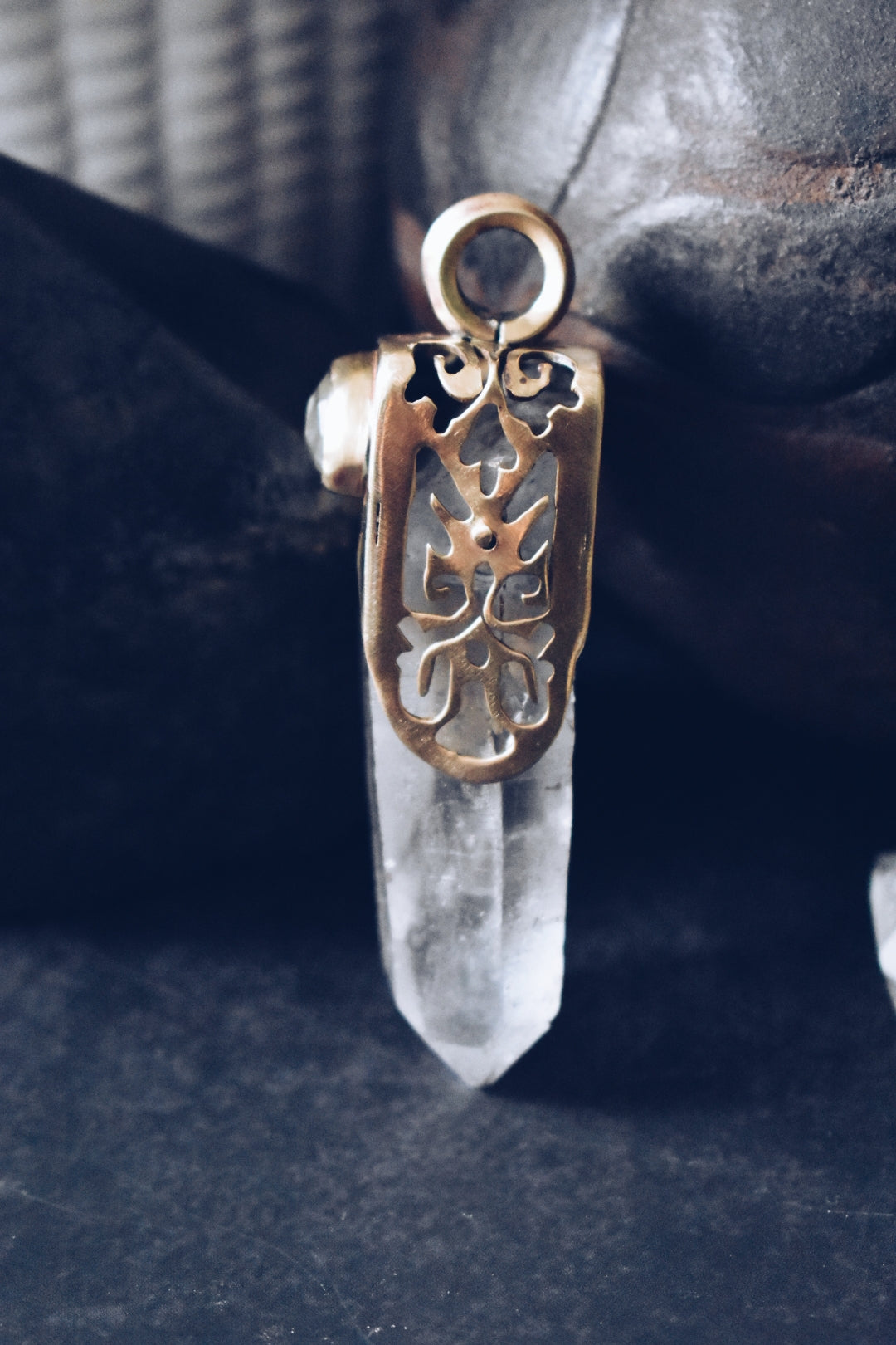Quartz & Prehnite Large Brass Ornate Pendant