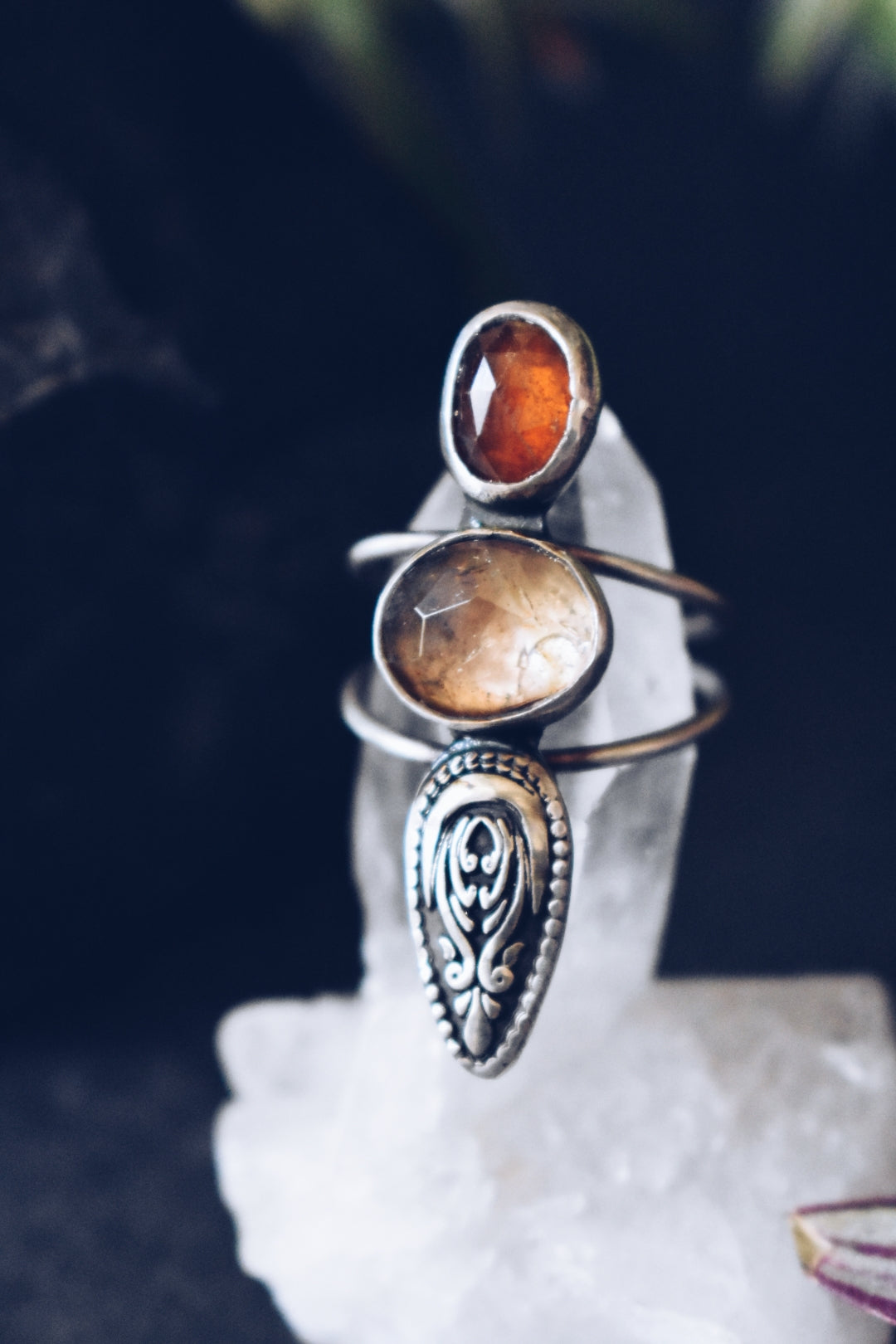Imperial Golden Topaz, Orange Kyanite Ornate Sterling Silver Ring- Size 7.5