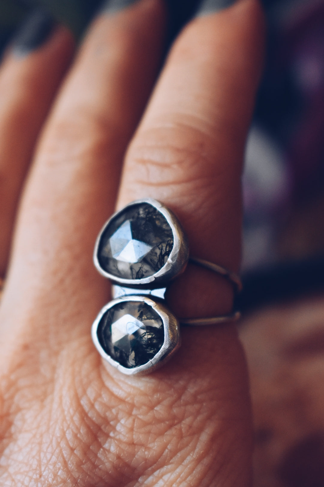 Moss Agate Sterling Silver Double Stone Ring- Size 7.25