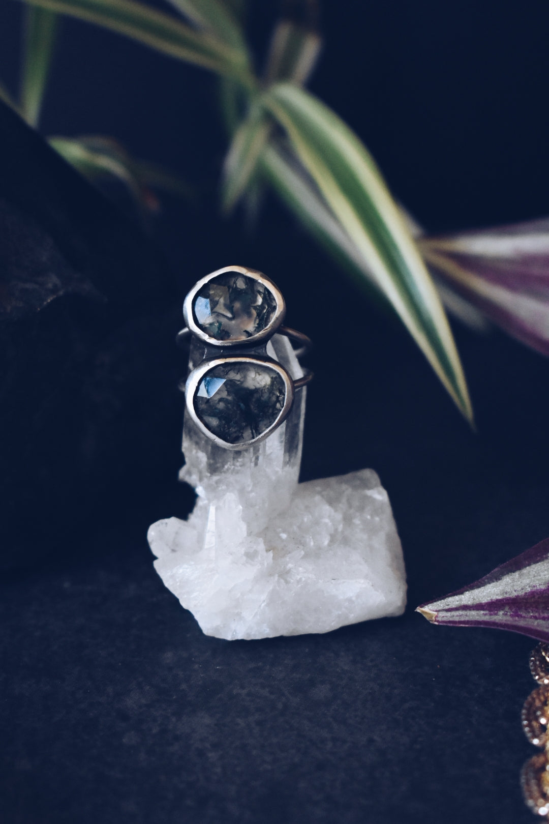 Moss Agate Sterling Silver Double Stone Ring- Size 7.25