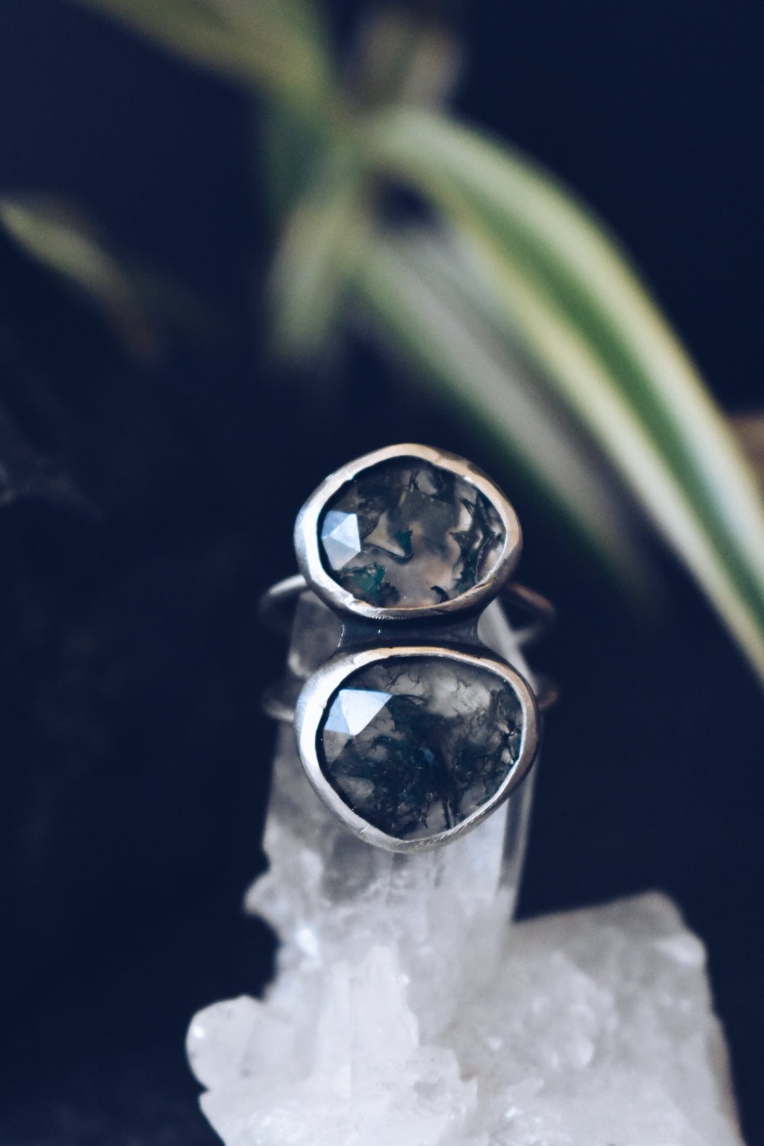 Moss Agate Sterling Silver Double Stone Ring- Size 7.25