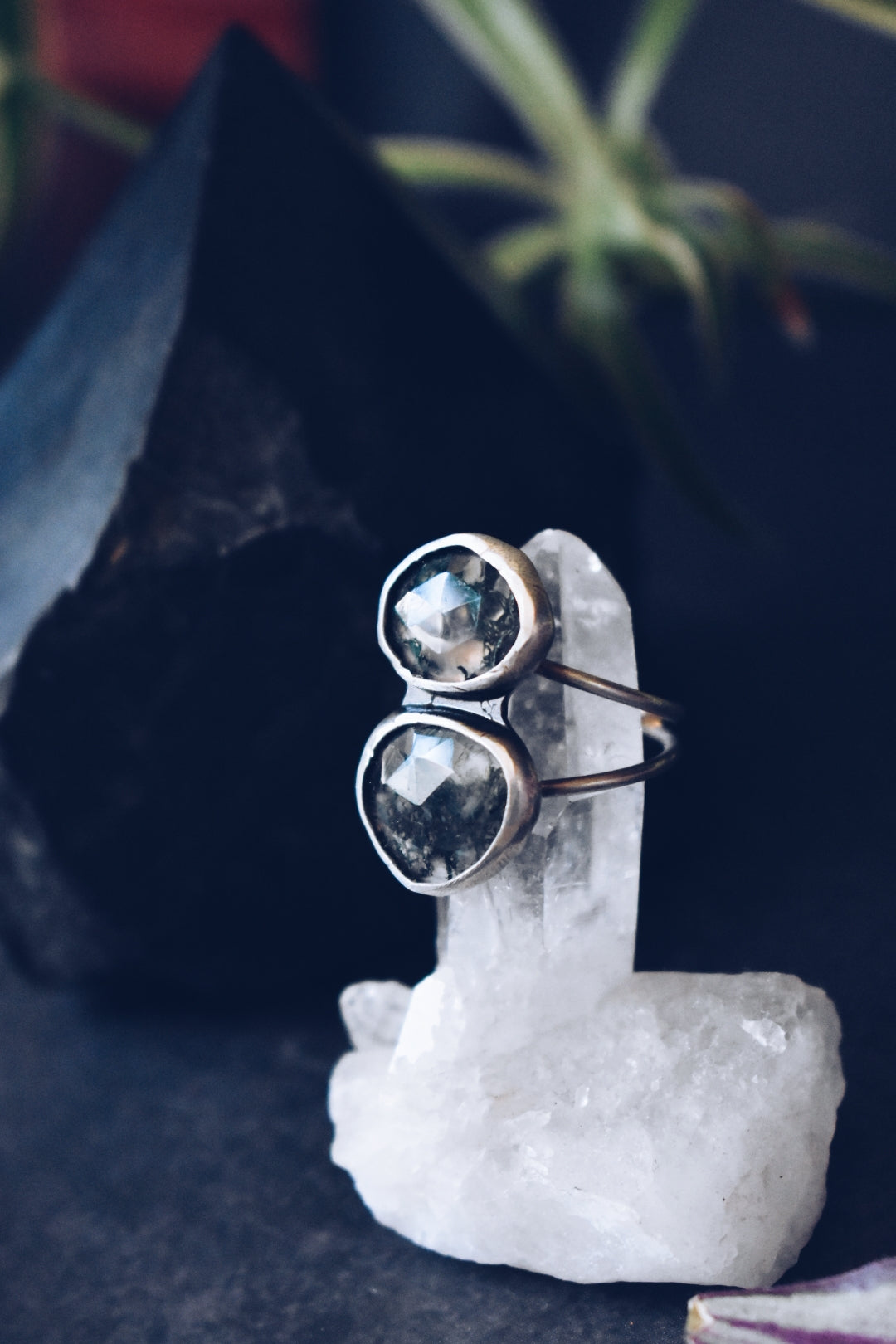 Moss Agate Sterling Silver Double Stone Ring- Size 7.25