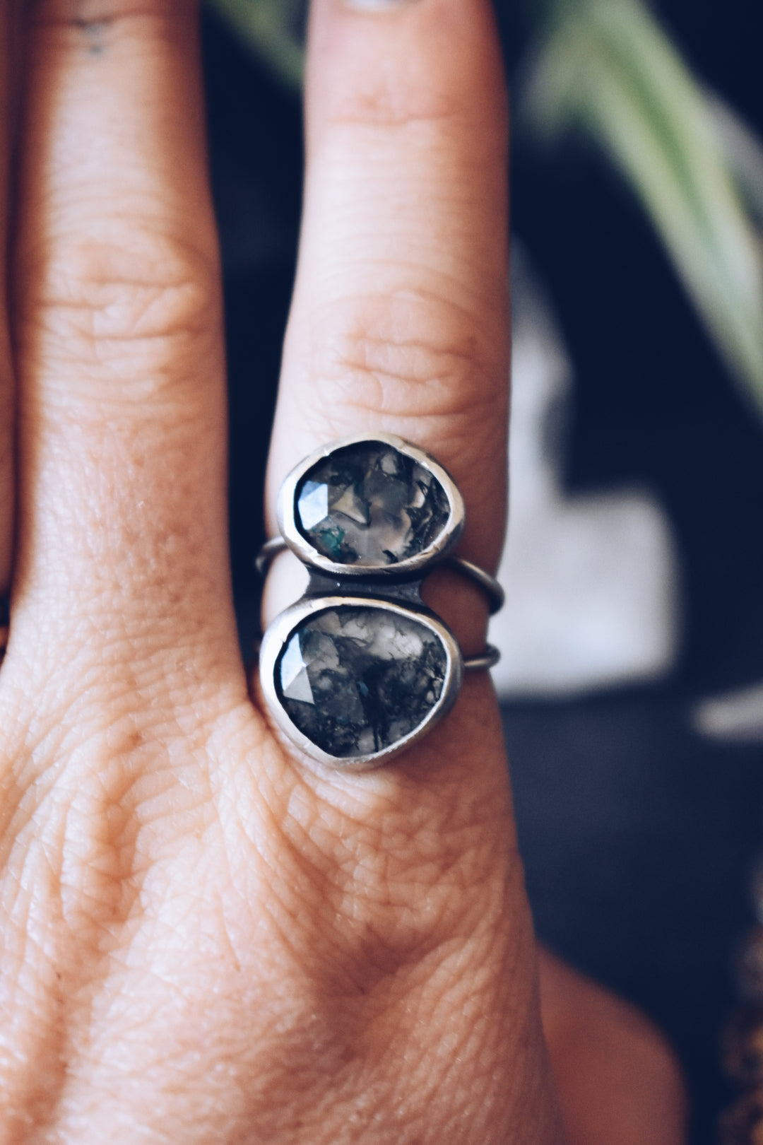 Moss Agate Sterling Silver Double Stone Ring- Size 7.25