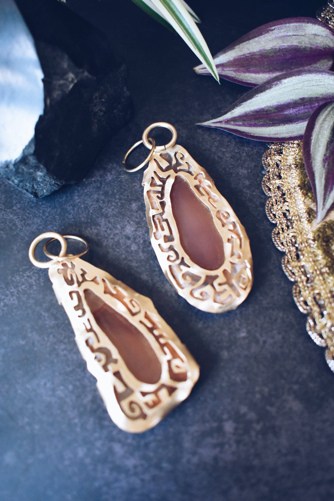 Ornate Red Agate Brass Hanger Earrings for Gauged Ears