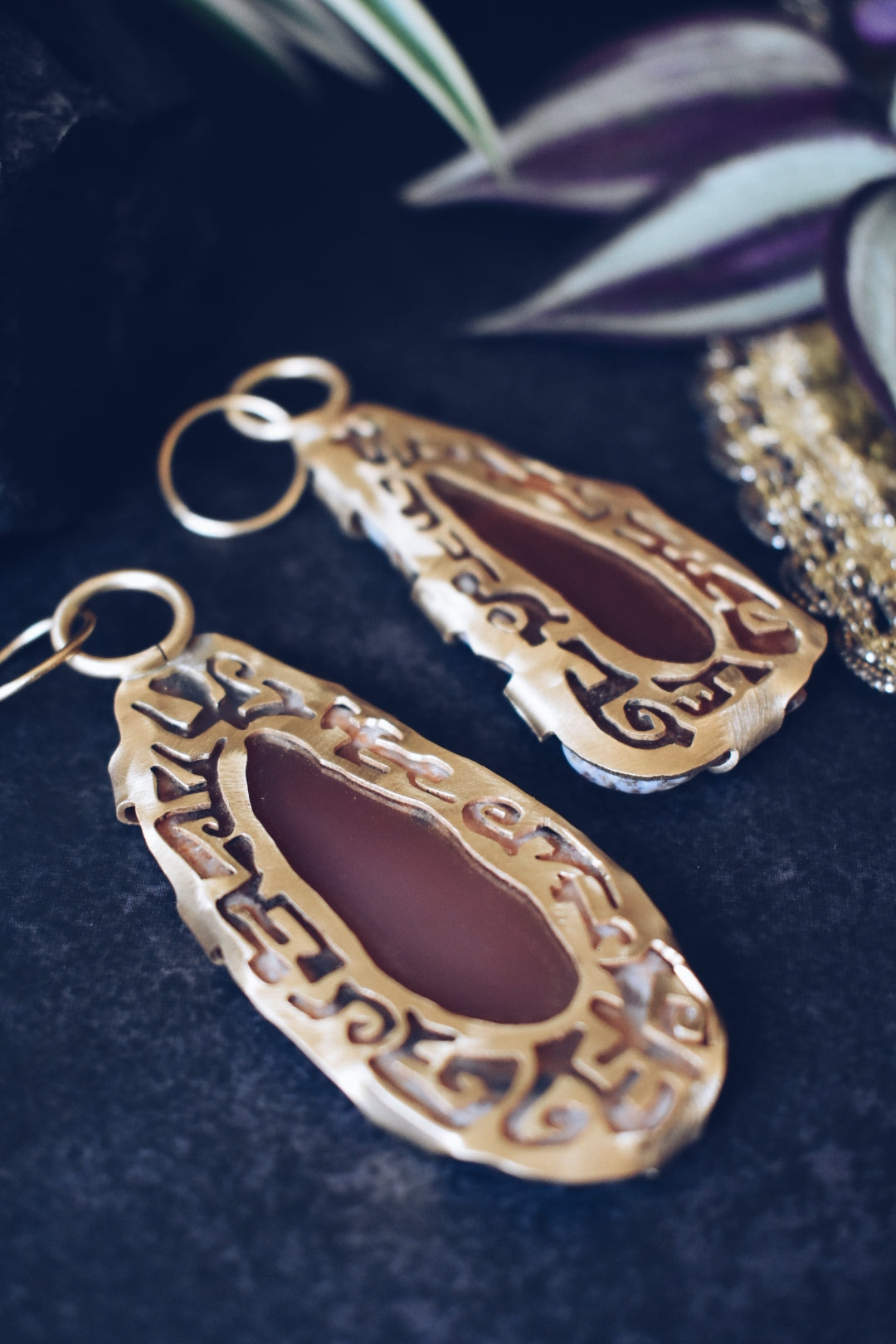 Ornate Red Agate Brass Hanger Earrings for Gauged Ears