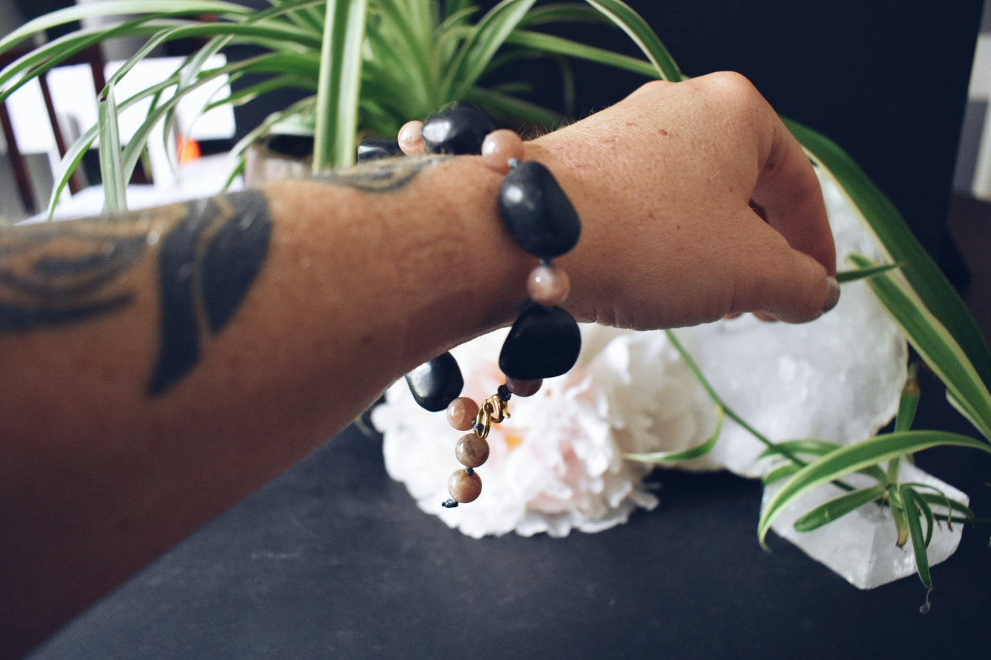 Shungite + Sunstone Bracelet – “The Radiant Shield”