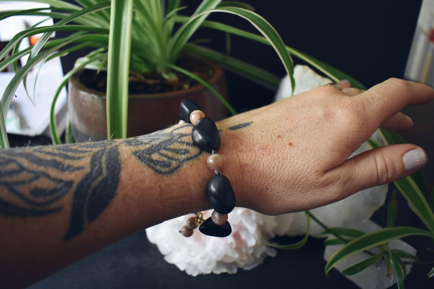 Shungite + Sunstone Bracelet – “The Radiant Shield”
