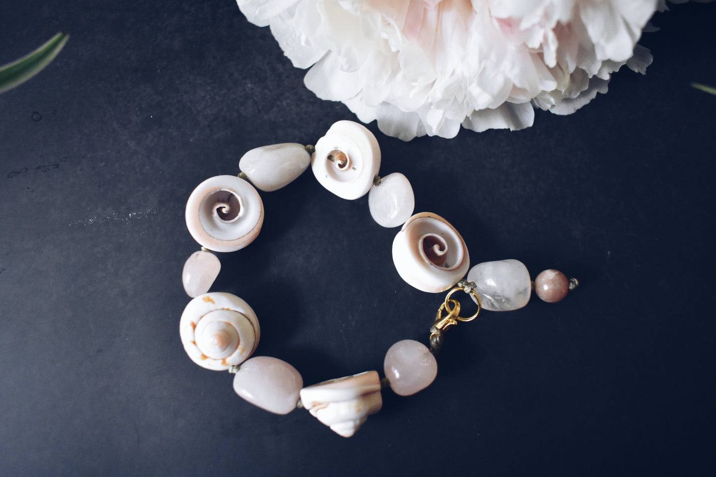 Seashell + Rose Quartz + Sunstone Bracelet – “The Gentle Glow”