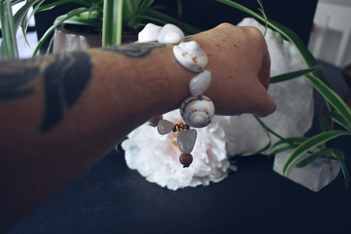 Seashell + Rose Quartz + Sunstone Bracelet – “The Gentle Glow”