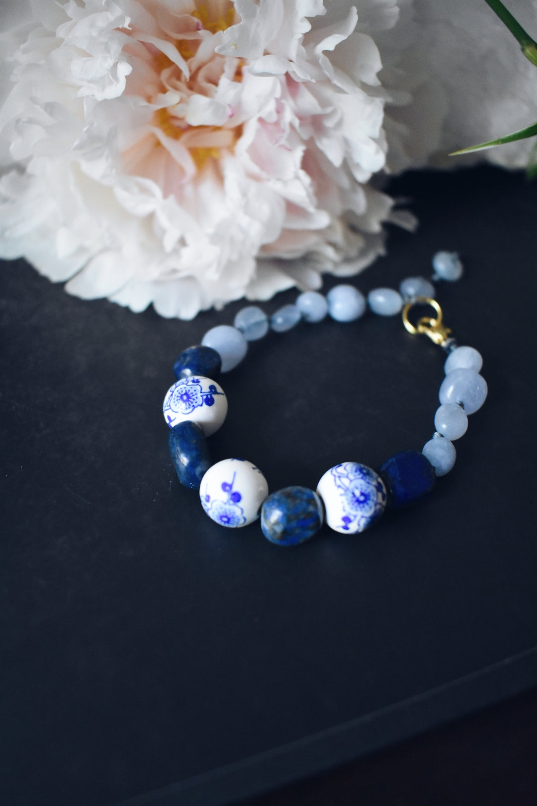 Lapis Lazuli + Aquamarine + Porcelain Bracelet – “The Truth Teller”