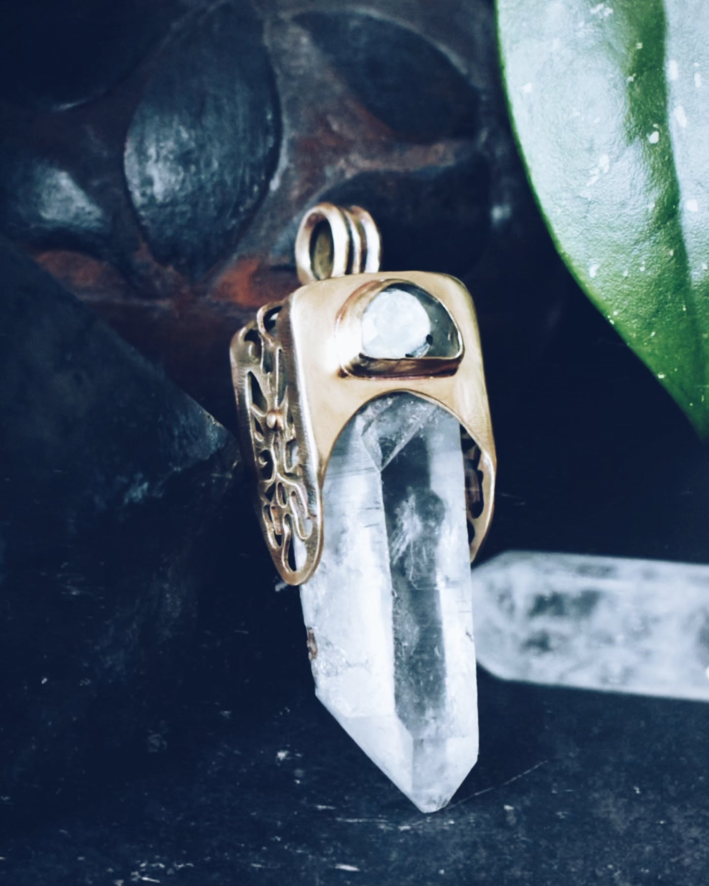 Quartz & Prehnite Large Brass Ornate Pendant