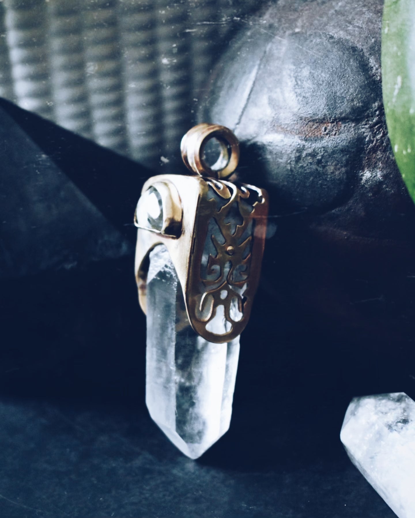 Quartz & Prehnite Large Brass Ornate Pendant
