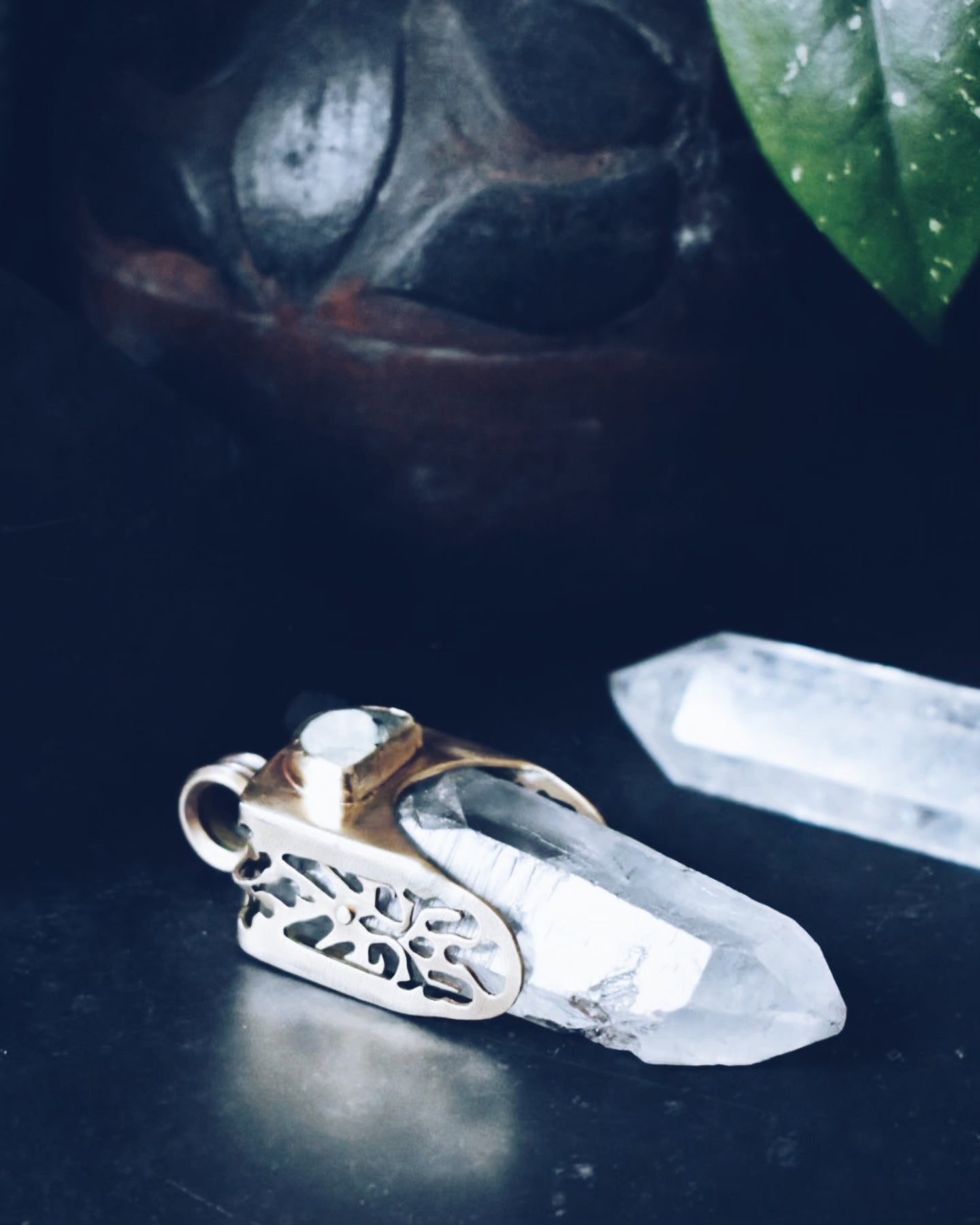 Quartz & Prehnite Large Brass Ornate Pendant