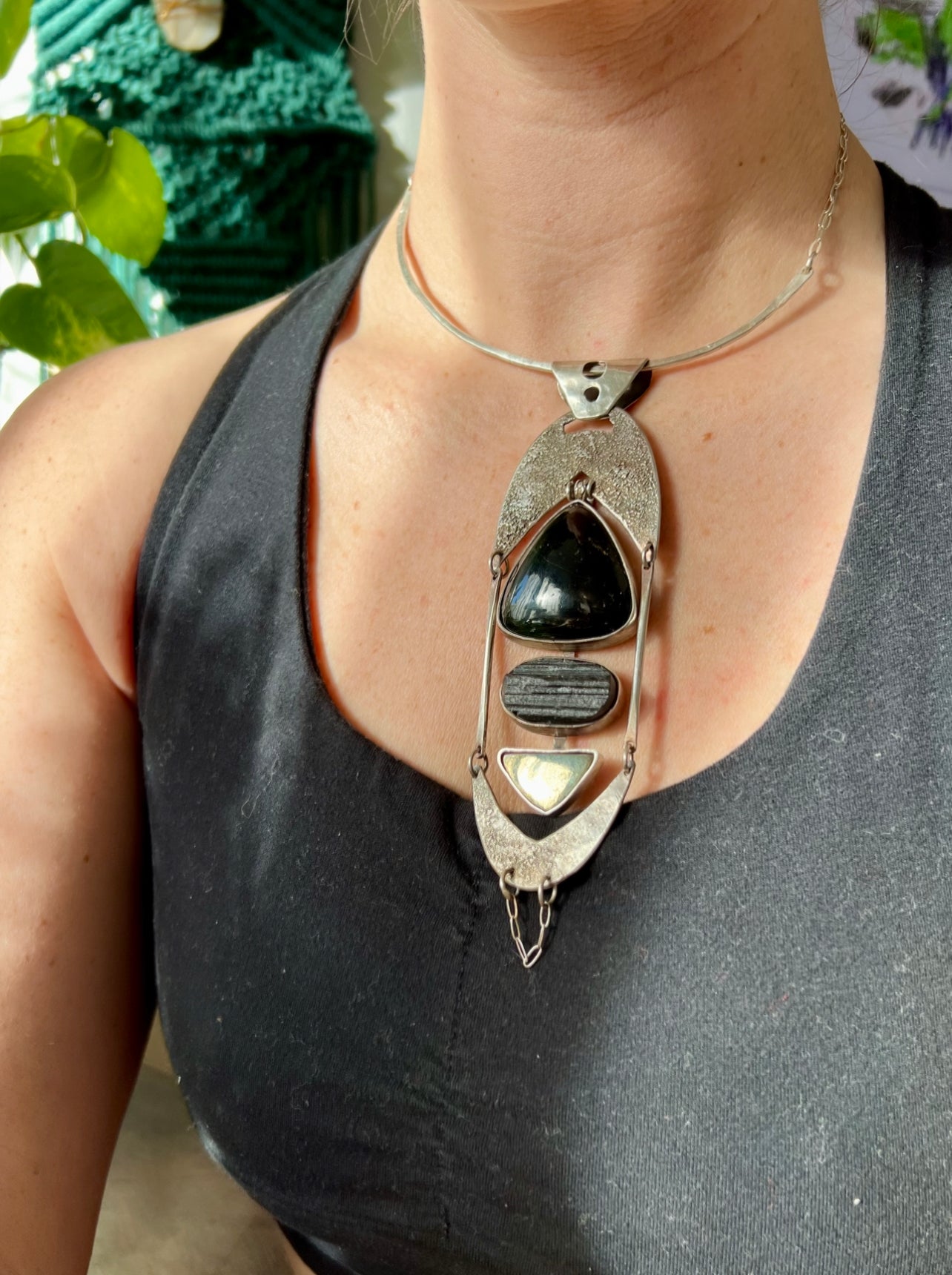 Shungite Black Tourmaline Pyrite Sterling Silver Necklace