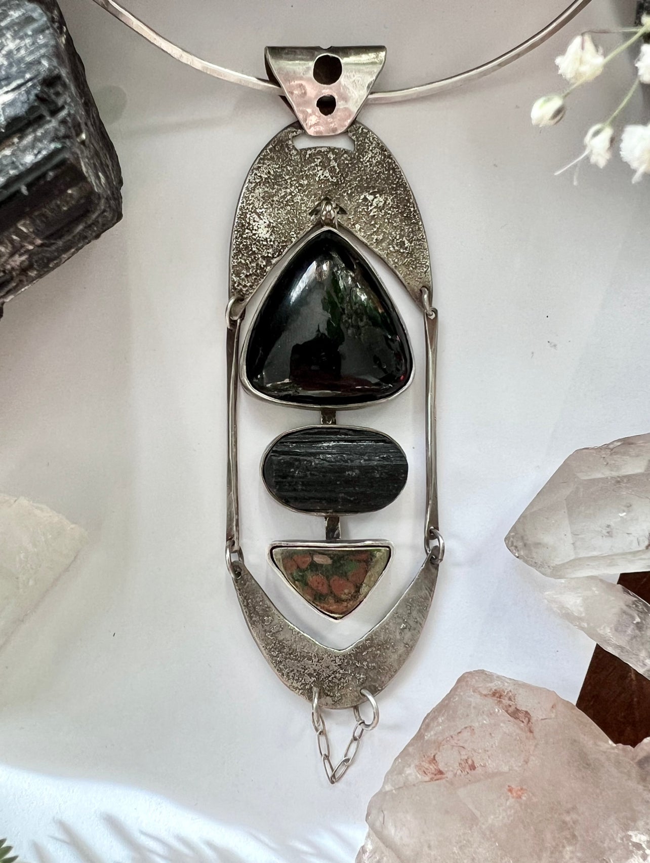 Shungite Black Tourmaline Pyrite Sterling Silver Necklace