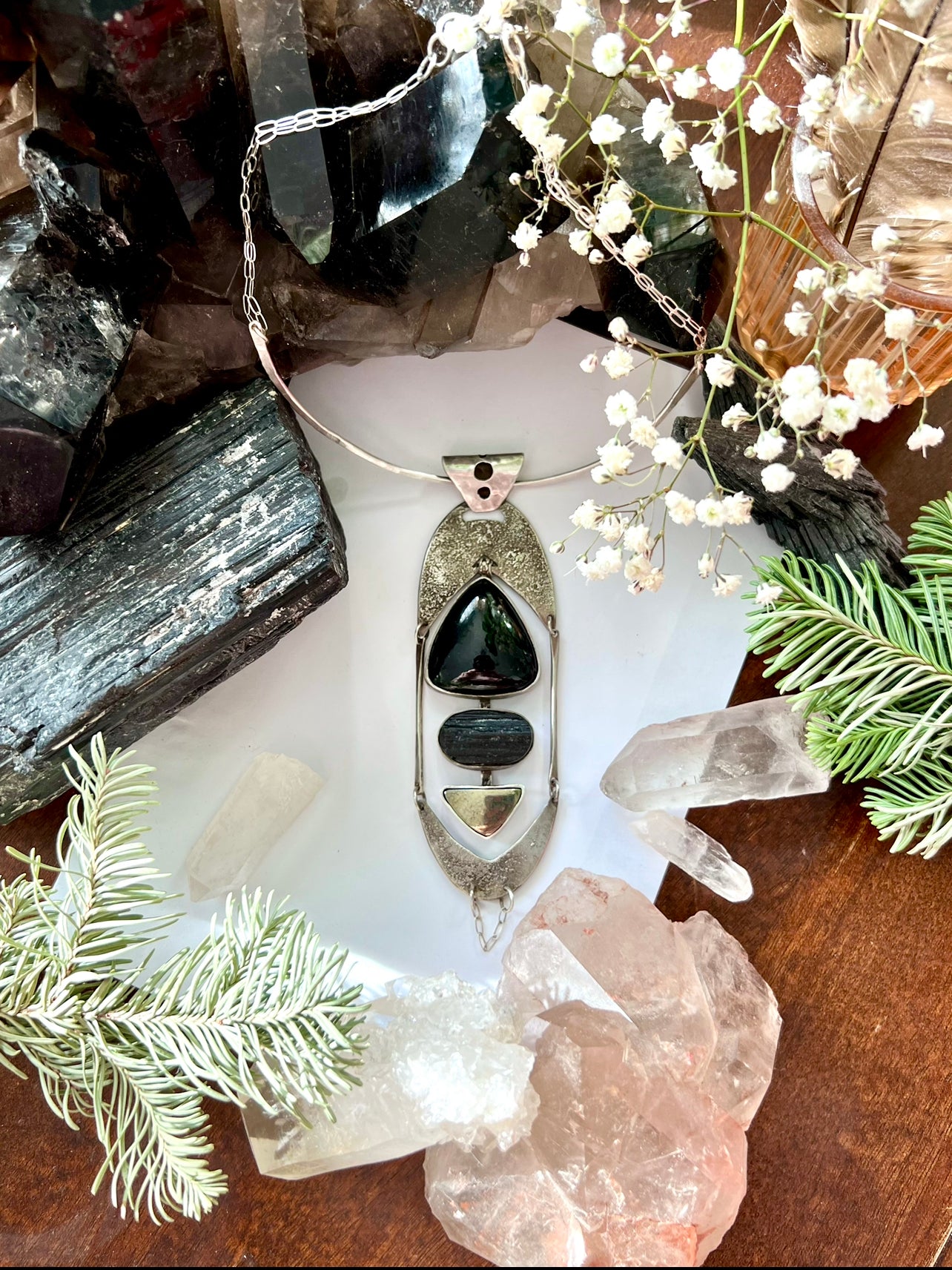 Shungite Black Tourmaline Pyrite Sterling Silver Necklace