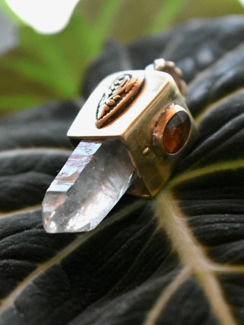 Quartz & Orange Kyanite Brass Pendant