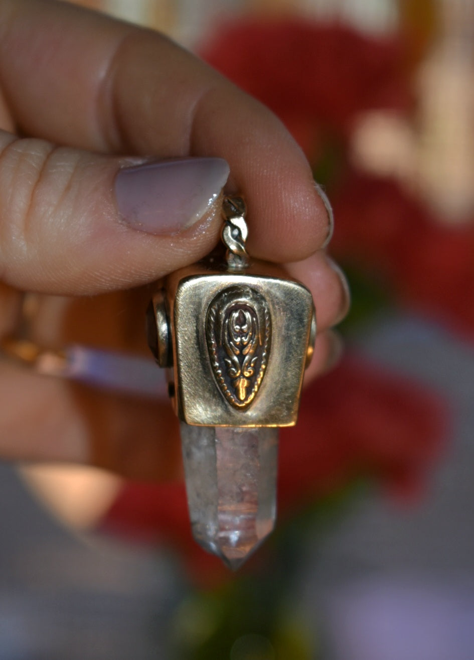 Quartz & Orange Kyanite Brass Pendant