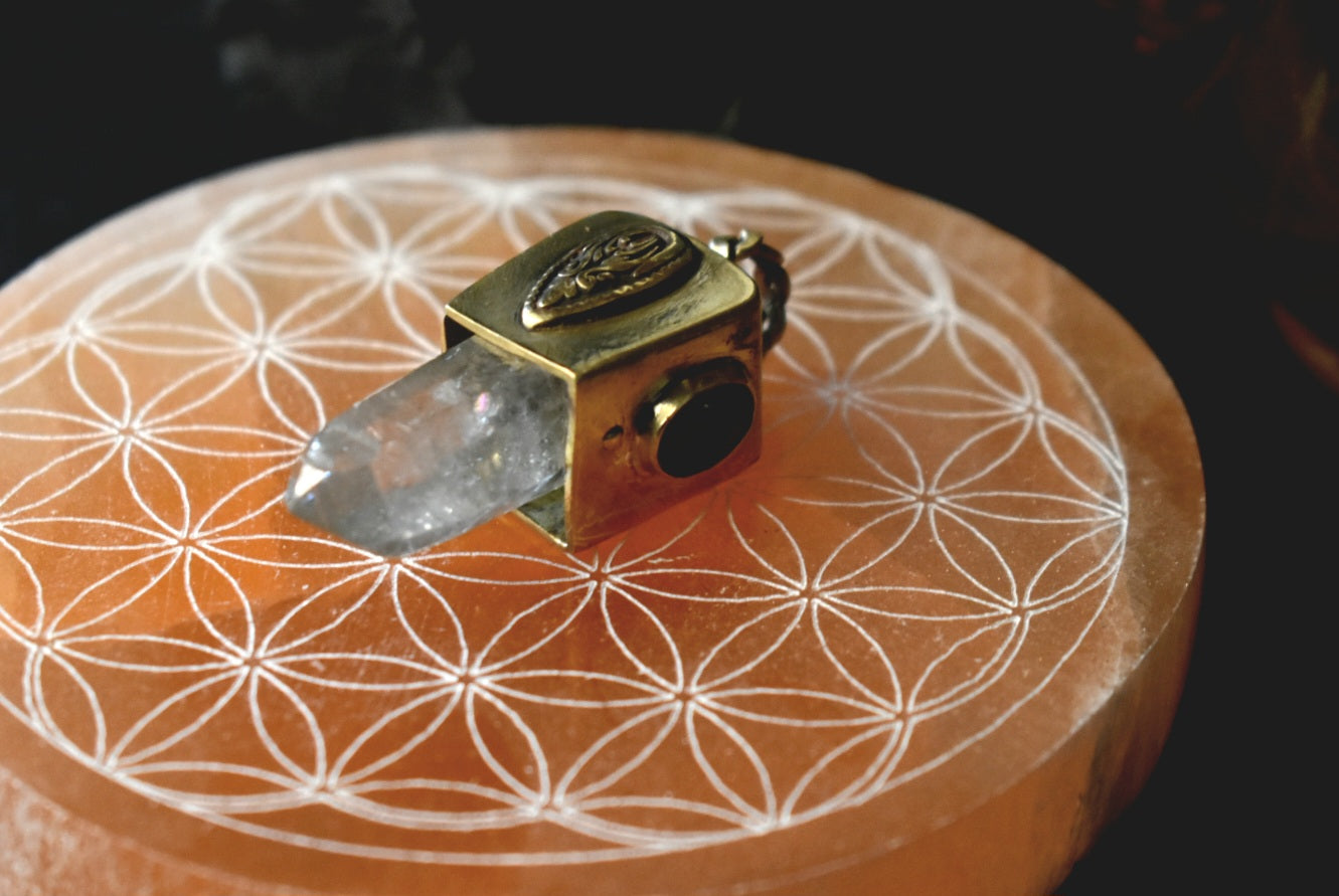 Quartz & Orange Kyanite Brass Pendant
