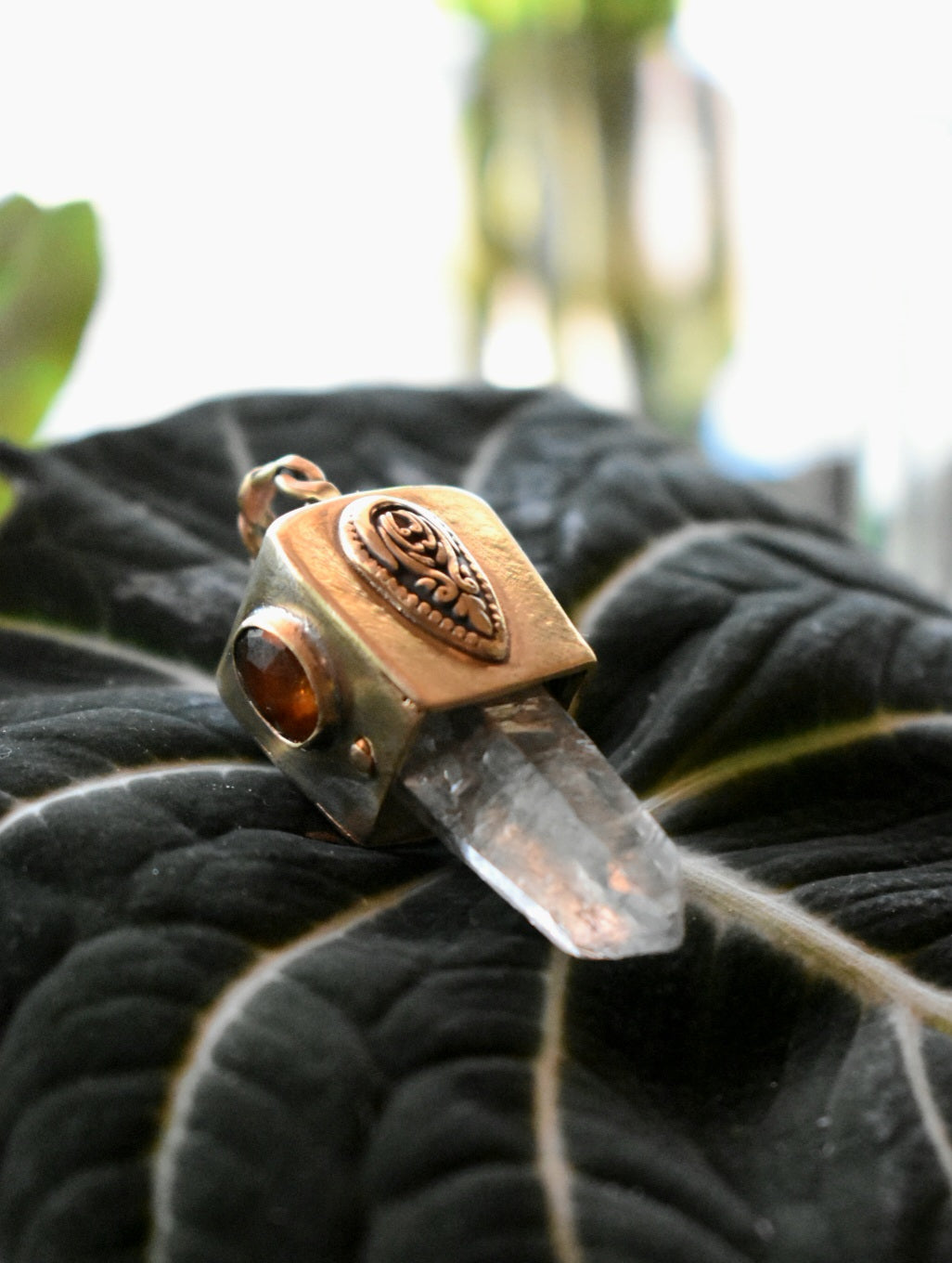 Quartz & Orange Kyanite Brass Pendant