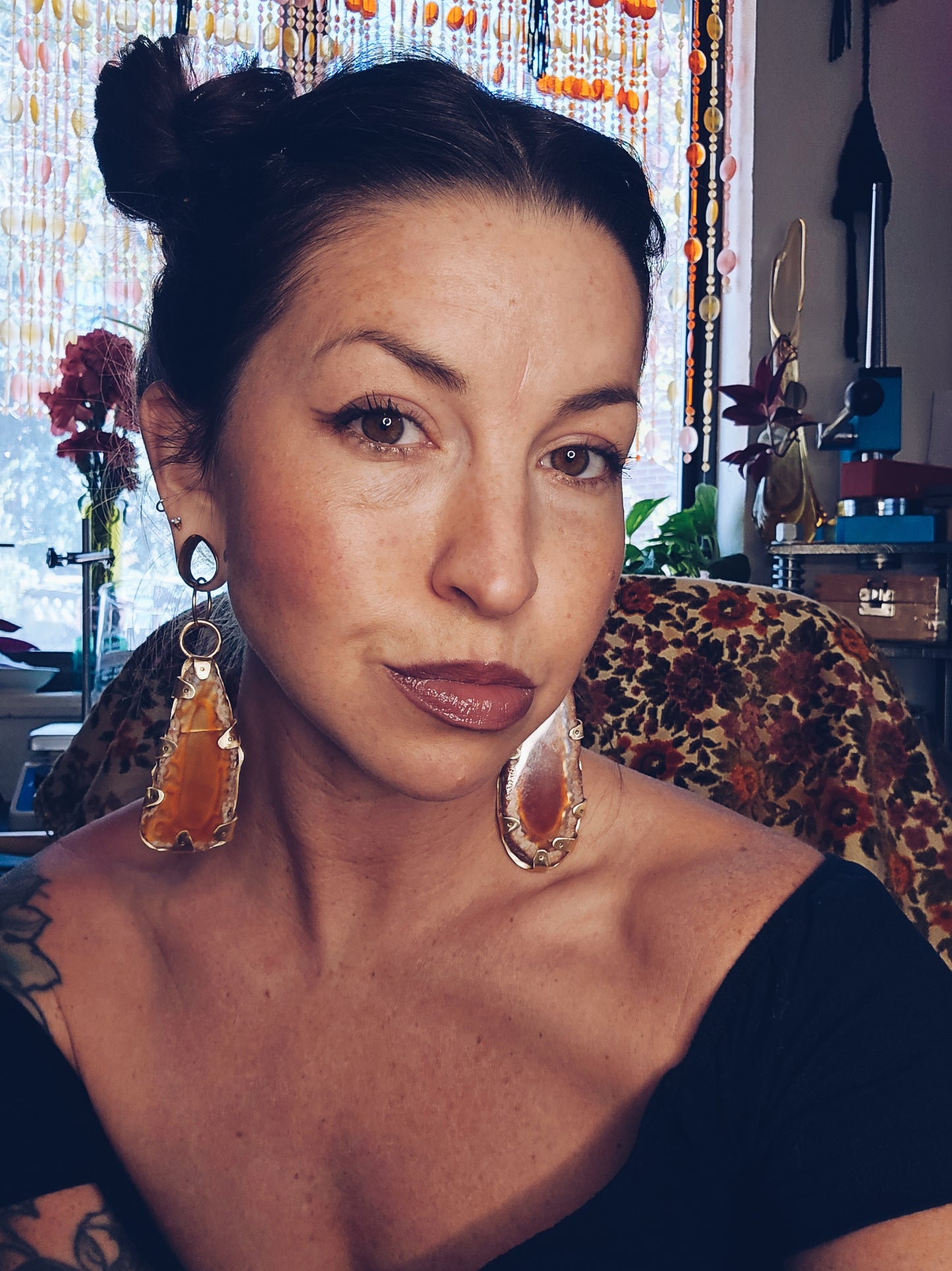 Ornate Red Agate Brass Hanger Earrings for Gauged Ears
