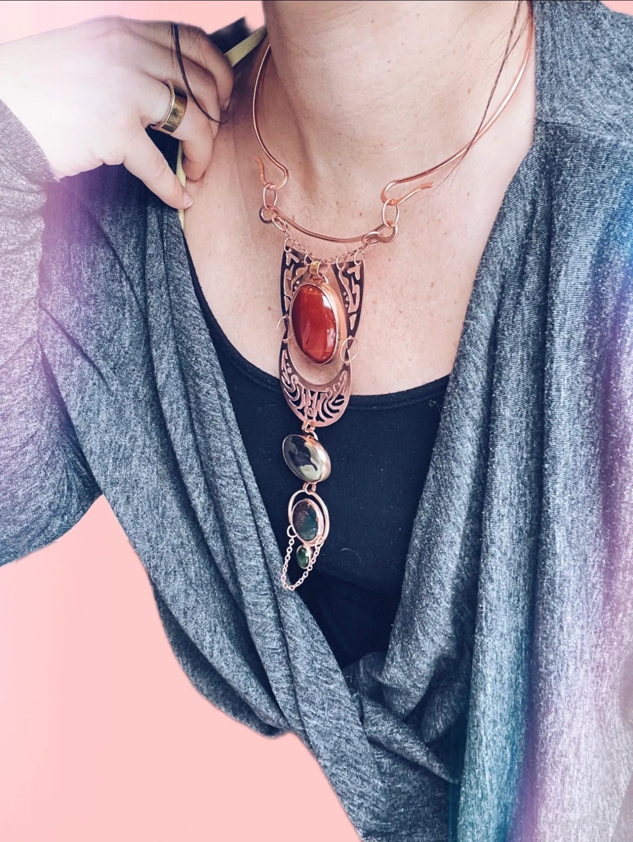 Carnelian Pyrite Bloodstone & Jade Copper Statement Necklace