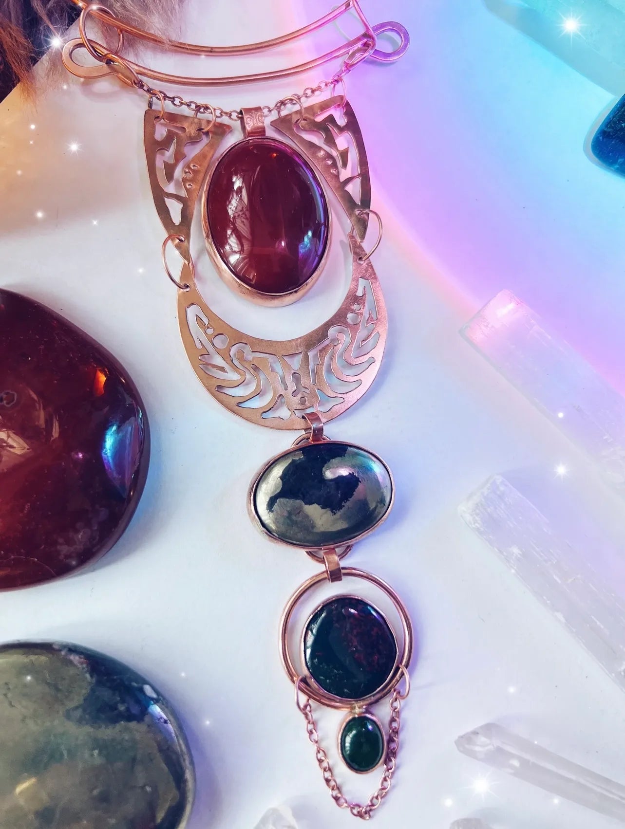 Carnelian Pyrite Bloodstone & Jade Copper Statement Necklace