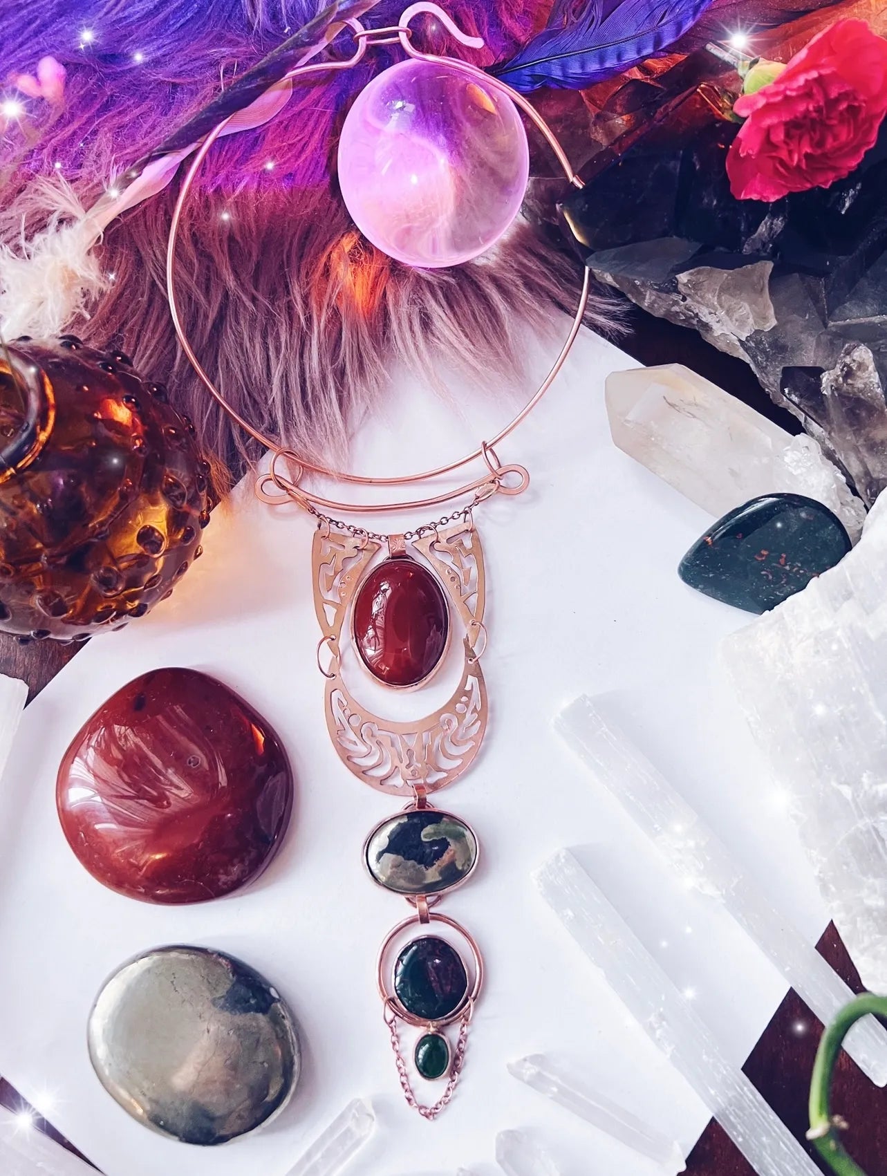 Carnelian Pyrite Bloodstone & Jade Copper Statement Necklace