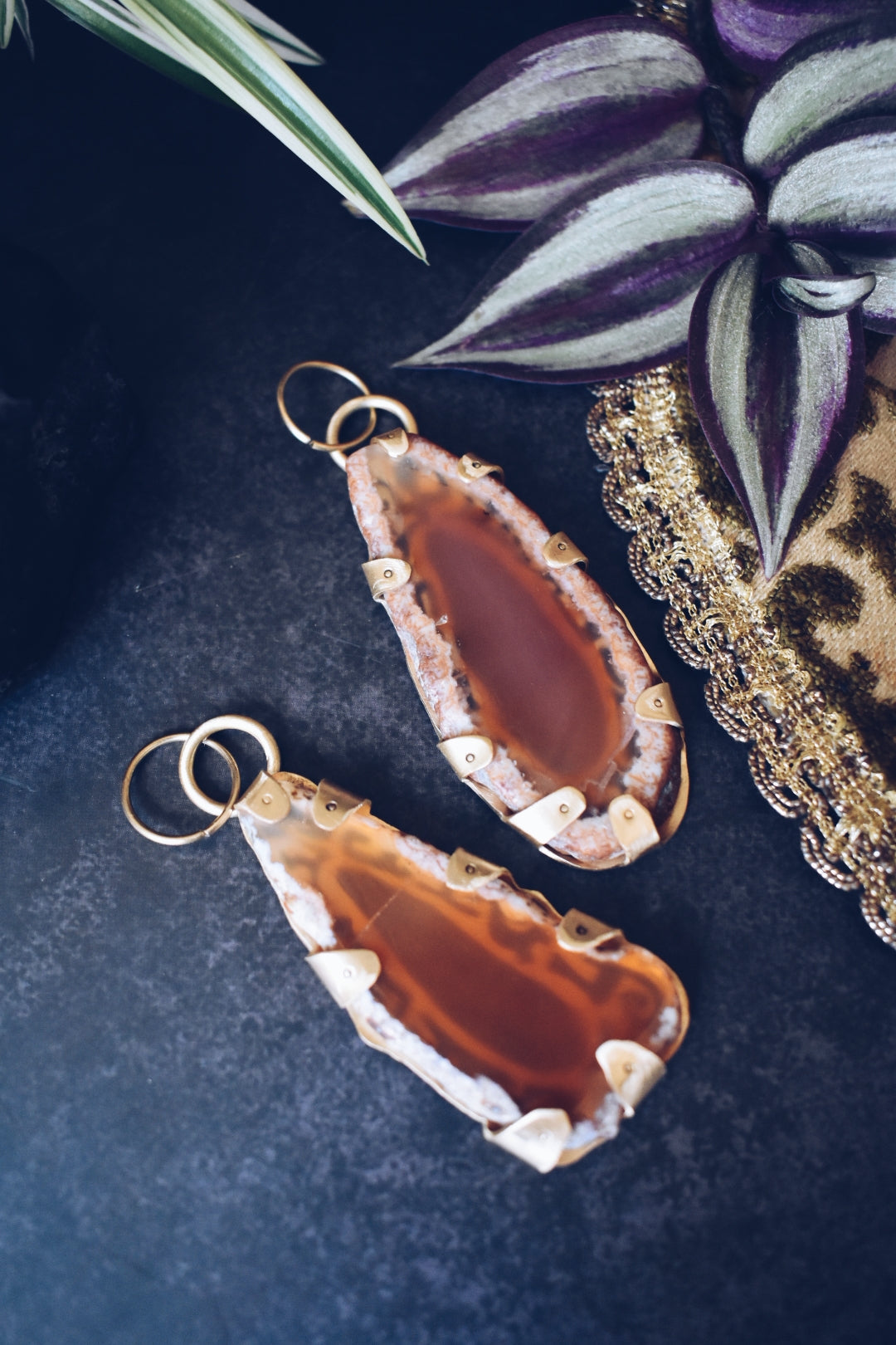 Ornate Red Agate Brass Hanger Earrings for Gauged Ears