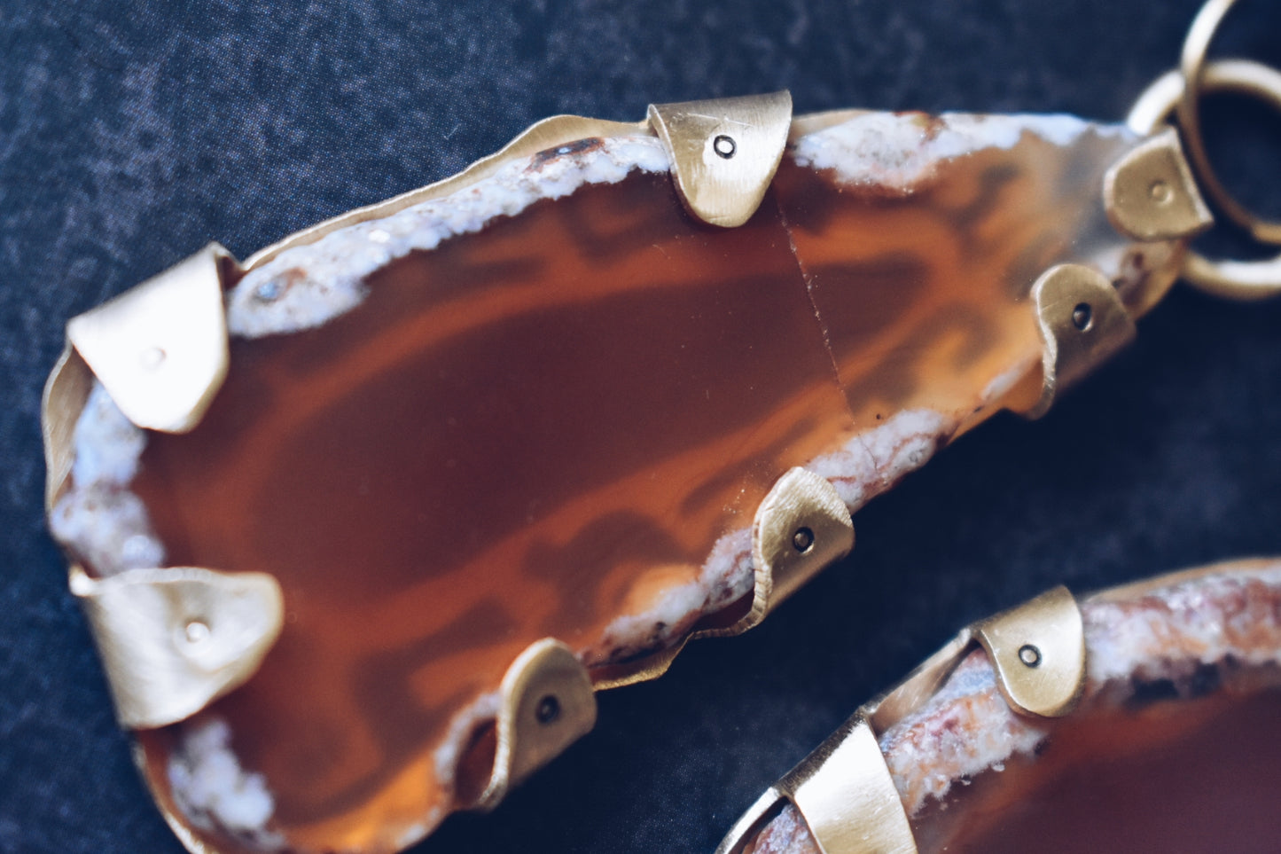 Ornate Red Agate Brass Hanger Earrings for Gauged Ears