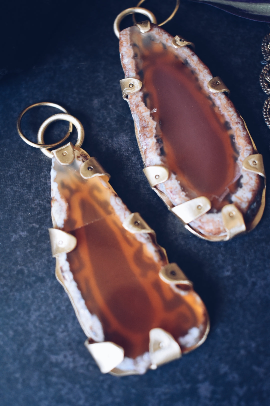 Ornate Red Agate Brass Hanger Earrings for Gauged Ears