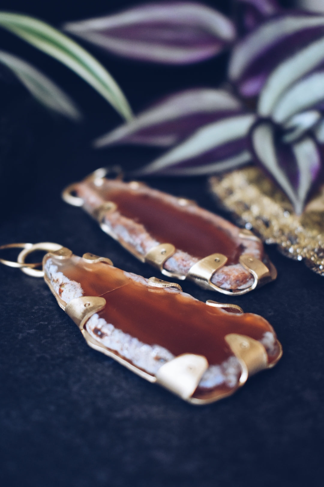 Ornate Red Agate Brass Hanger Earrings for Gauged Ears
