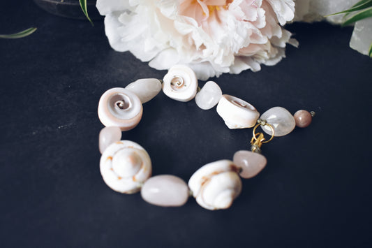 Seashell + Rose Quartz + Sunstone Bracelet – “The Gentle Glow”