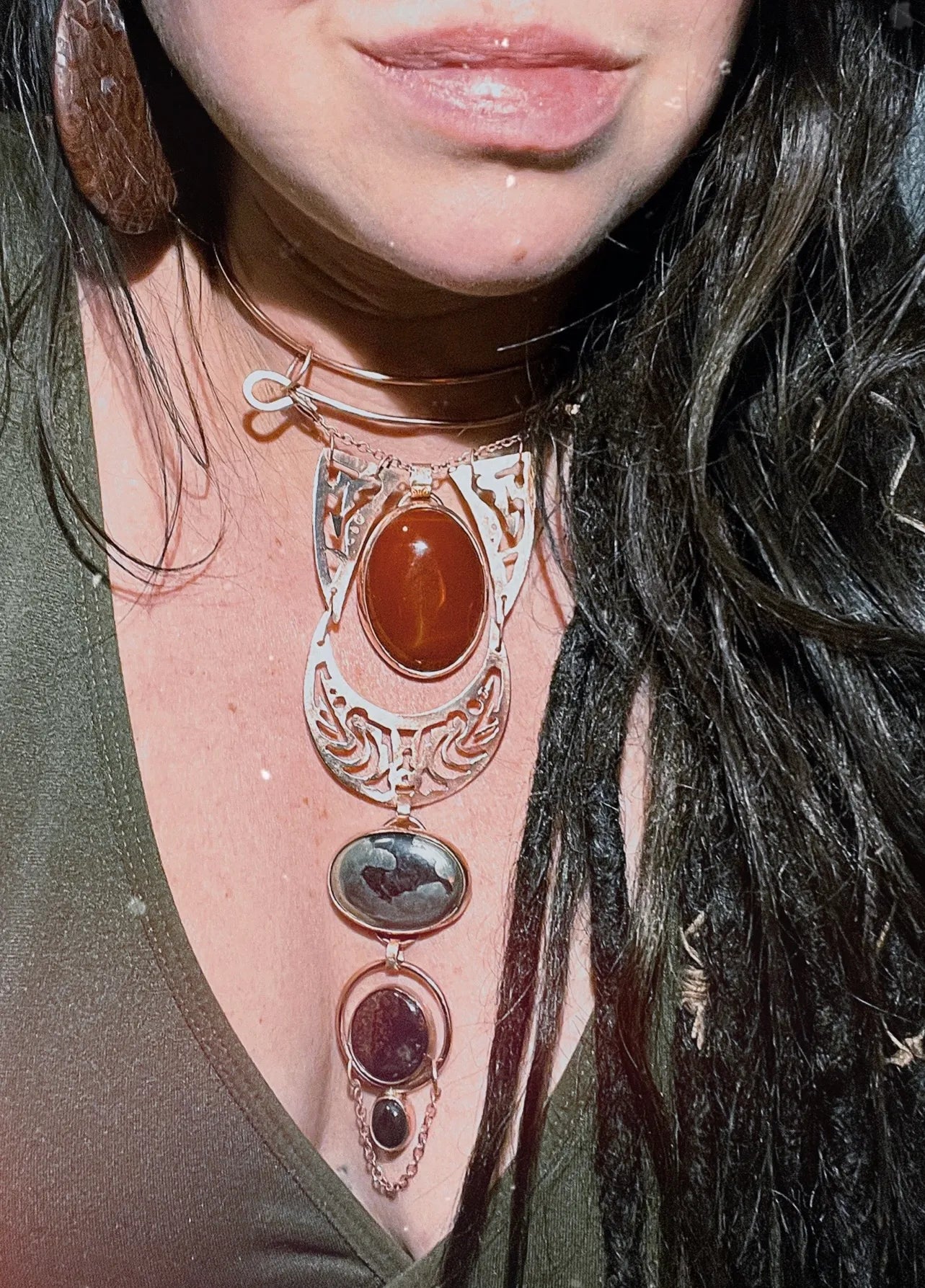 Carnelian Pyrite Bloodstone & Jade Copper Statement Necklace
